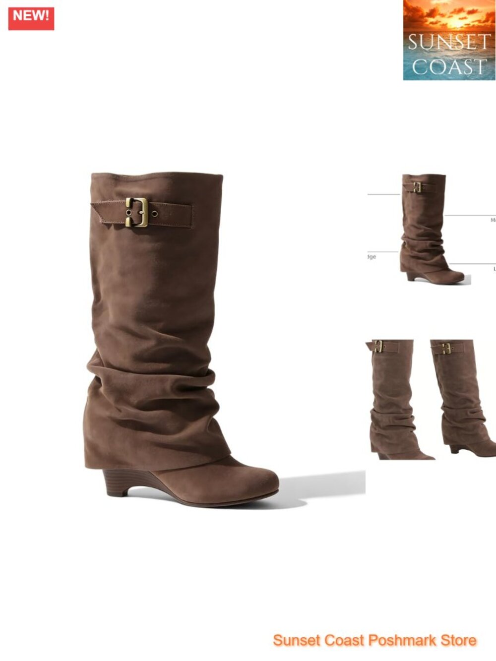 Slouchy Suede Wedge Knee High Pull On Boots Fold Over Heel